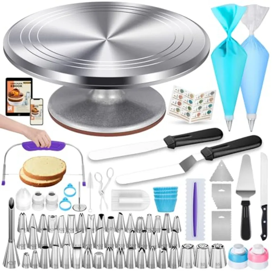 

Kootek 253 Pcs Cake Decorating Kit 12" Alloy Cake Turntale 48 Numered Icing Tips 3 Russian Piping Nozzles Offt and Straigt Spa