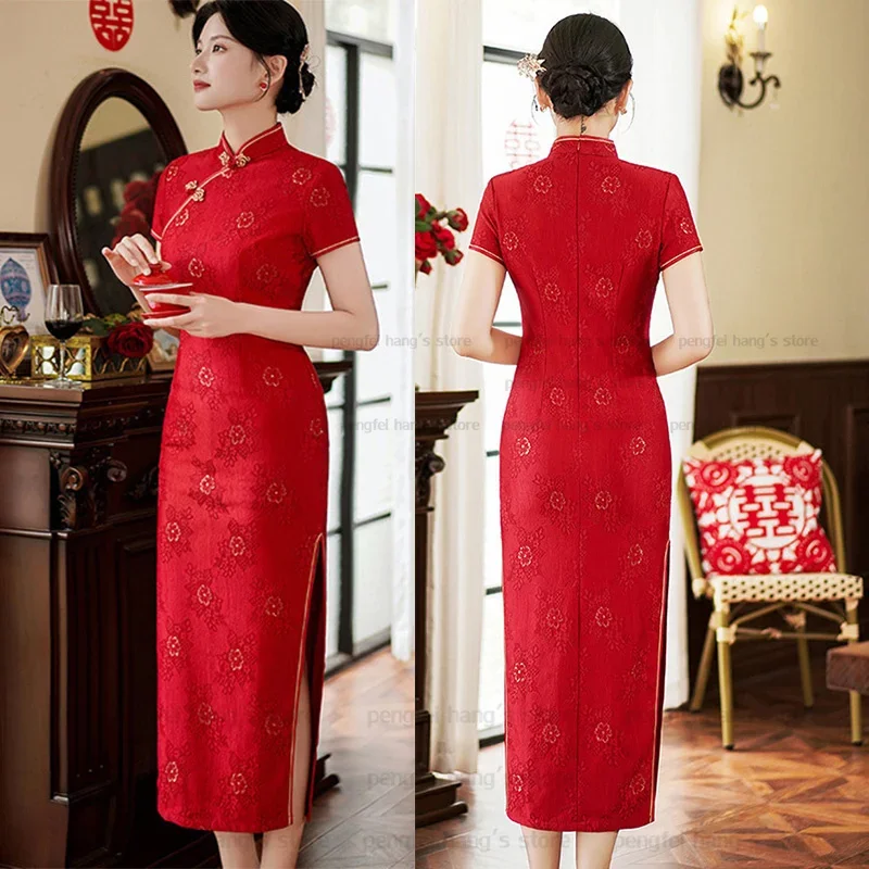 

2025New Red Elegant Cheongsam Women Chinese Style Dress Bride Wedding Party Toast Dresses Lace Floral Qipao Plus Size 3Xl 4Xl