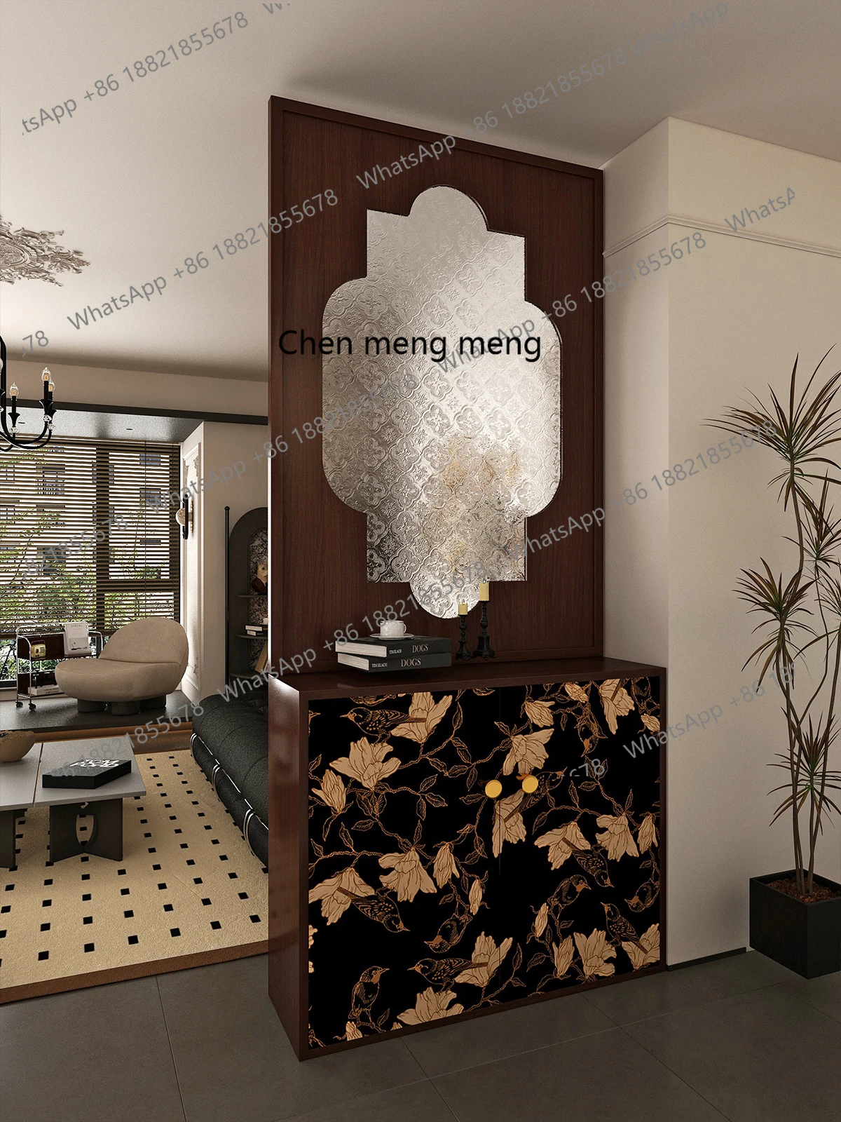 

Medieval screen partition living room entrance porch cabinet solid wood glass locker integrated