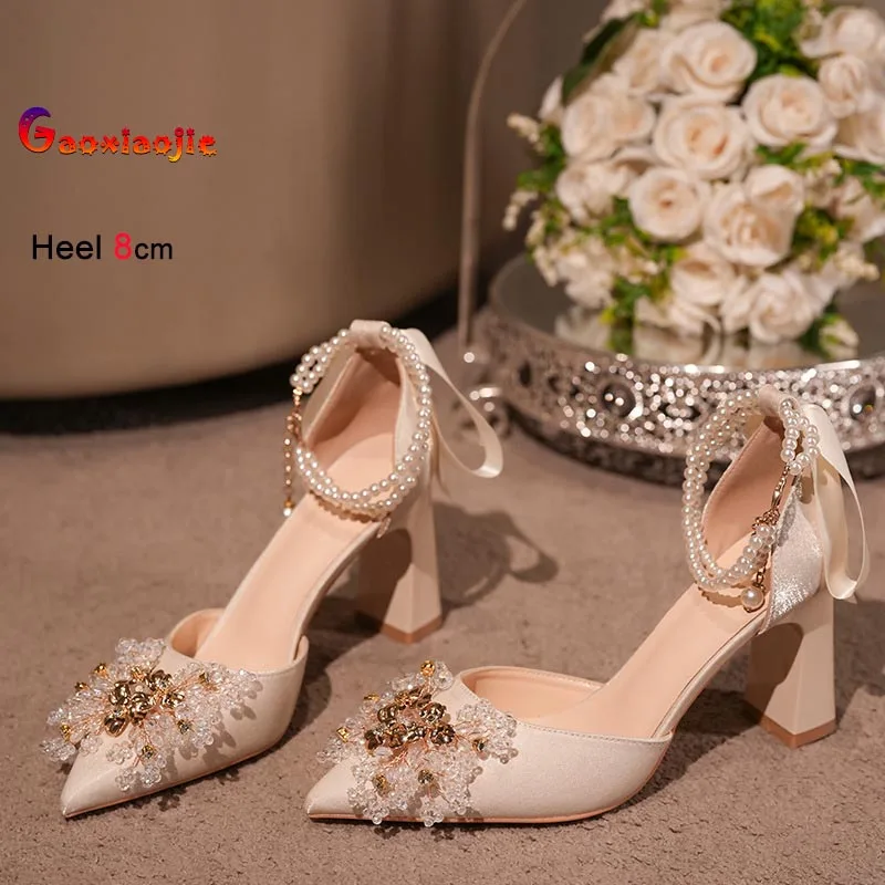 

2026 New Fashion Wedding Shoes Rhinestone Bow Pearl Chain Hollow Sandals Coarse Heel High Heels Ladies Pumps Party Dress Shoes