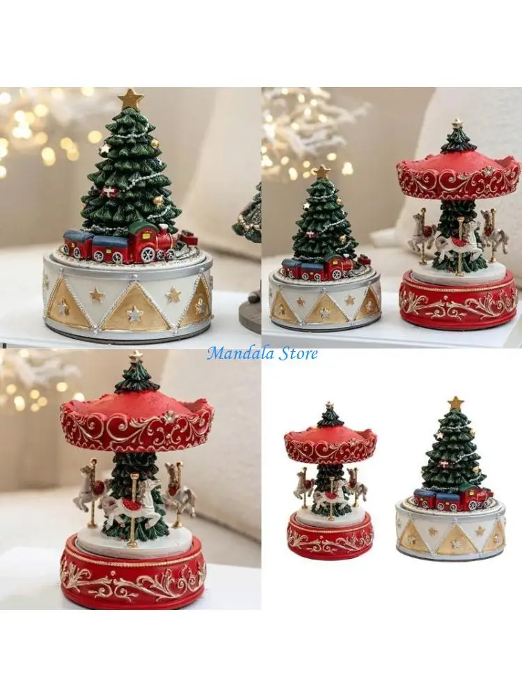 

U2JC Resins Merry Go Carousels Round Musical Box for A Warm Christmas Setting