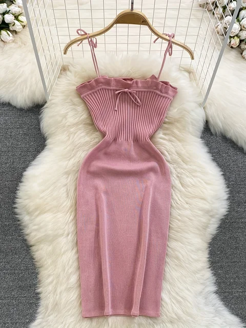 2024 Prążkowana koronkowa sukienka Elegancka, solidna, wąska sukienka z falbankami Odzież damska Bodycon Krótka mini sukienka