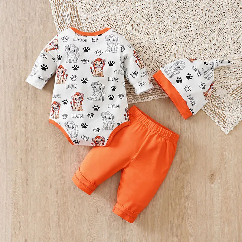 3pcs Animal-Orange lion print long sleeve fashion set 0-18 months Newborn Baby boy Spring and Autumn Fashion baby pajamas