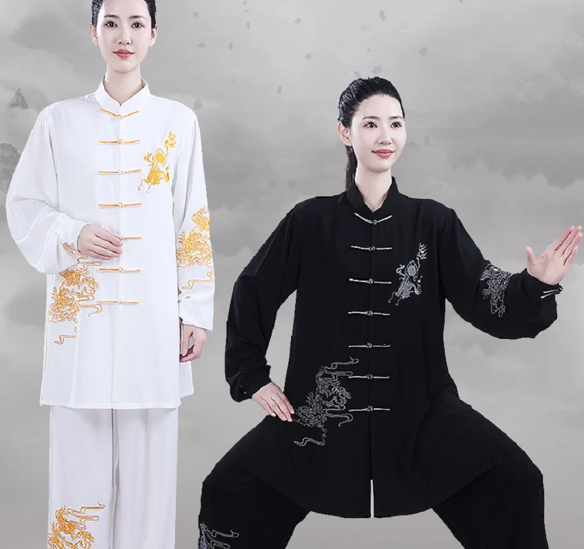 

New Chinese Style Men Women's Embroidered Dragon Martial Arts Competition Performance Suits Tai Chi Kung Fu Sets Size XS-XXXL
