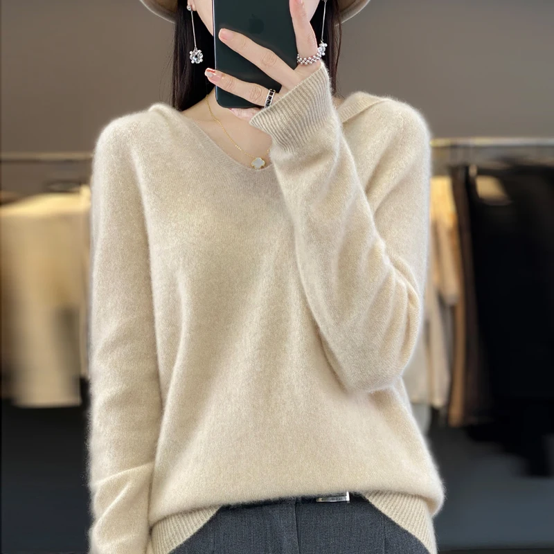 Knitted sweater cashmere sweater women\'s 100% merino wool hooded V-neck pullover winter autumn hoodie top women\'s clothing