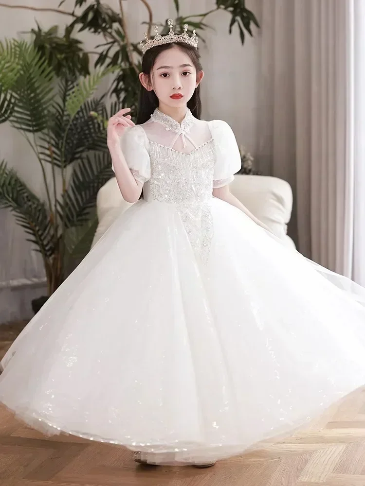 Robe de spectacle de piano pour enfants, robe de princesse d'hôte de petite fille, robe de fête d'anniversaire de fille, voile blanc de fleur