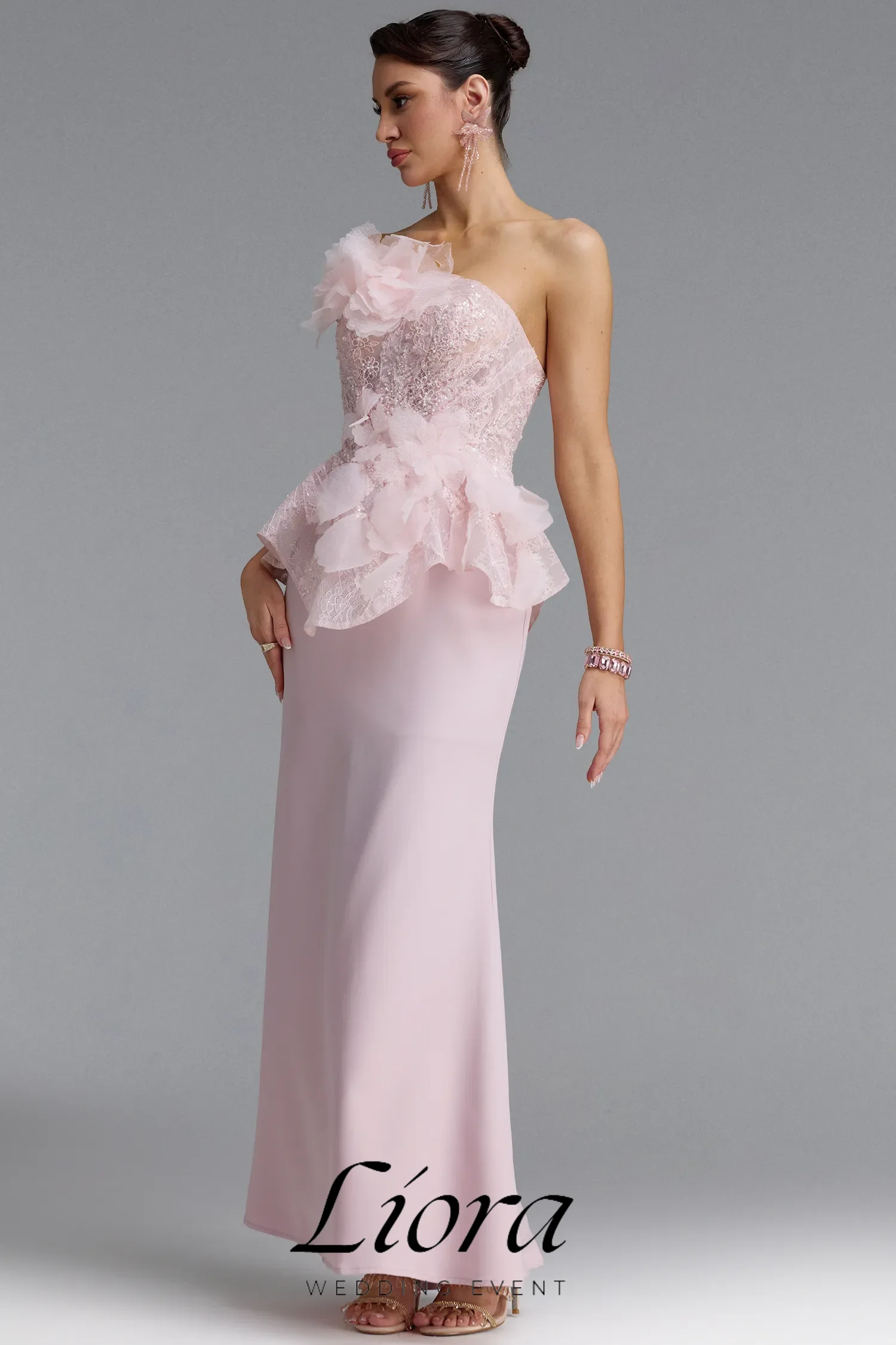 Liora Customized Arabia Pink Mermaid Strapless Prom Dresses Flowers Sequins Pearls Backless Floor Length Formal Evening Dresses