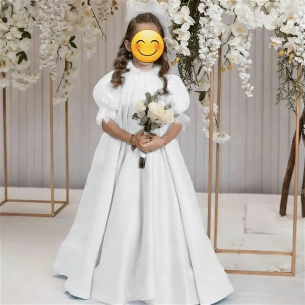 Vestido de niña de flores personalizado para boda, satén esponjoso, pequeña princesa, vestido de fiesta de noche de cumpleaños para niños, vestido de primera comunión