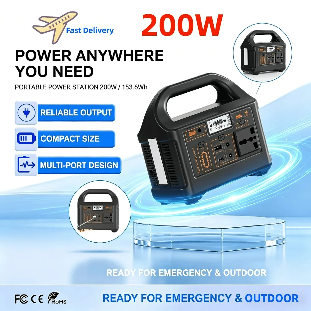 200W Portable Power Station 153.6Wh LiFePO4 Battery AC 110V/220V Solar Generator for Power Bank Camping RV Emergency