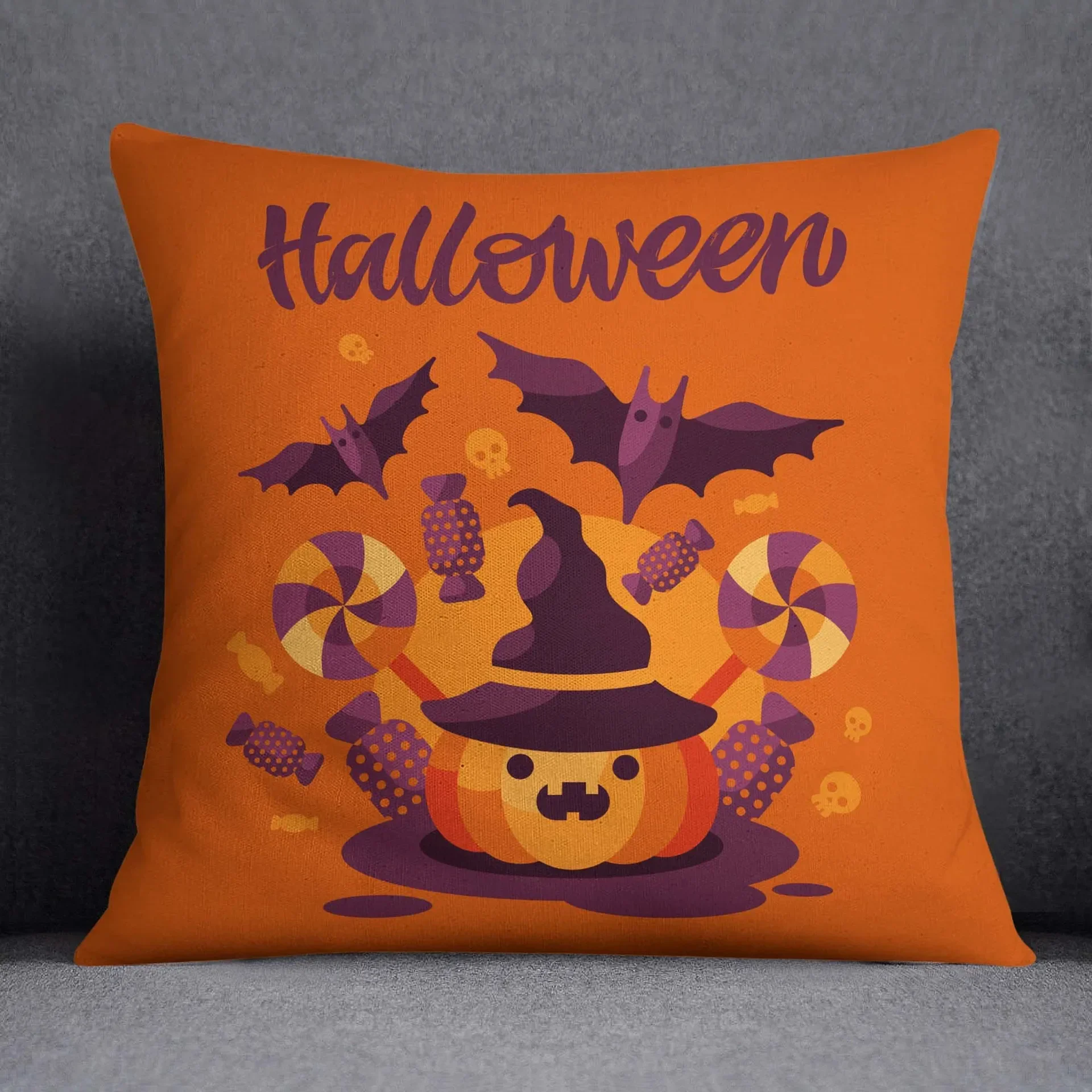 Happy Halloween Pumpkin Cushion Cover Printing Witch Hat Pillow Case Ghost Castle Pillow Cover Home Decor Funda Cojín 45x45cm