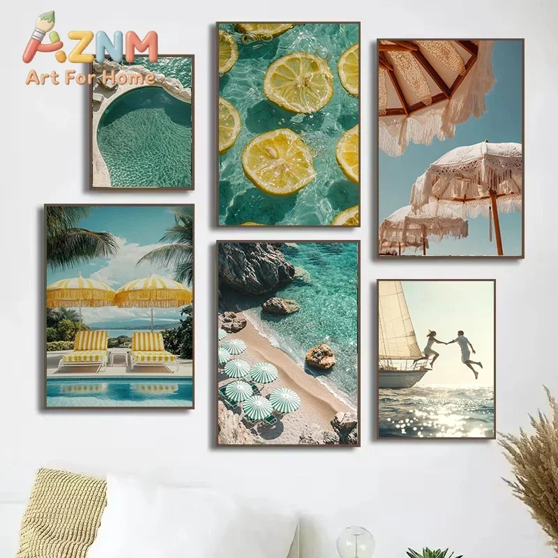 AZNM Summer Beach Vacation Canvas Wall Art Sea View Swimming Pool Lemon Ocean Scenery Print Unframed Canvas Poster for Living Ro