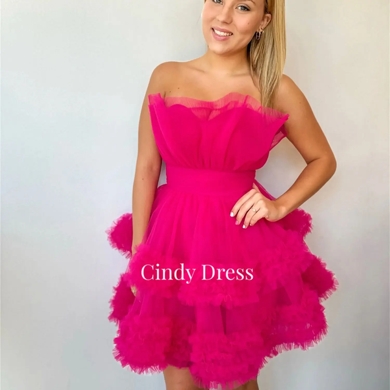 Cindy-vestido de cóctel de malla de estilo corto para mujer, elegante vestido de fiesta en capas sin tirantes, tallas grandes, para ocasiones especiales, Gala de noche