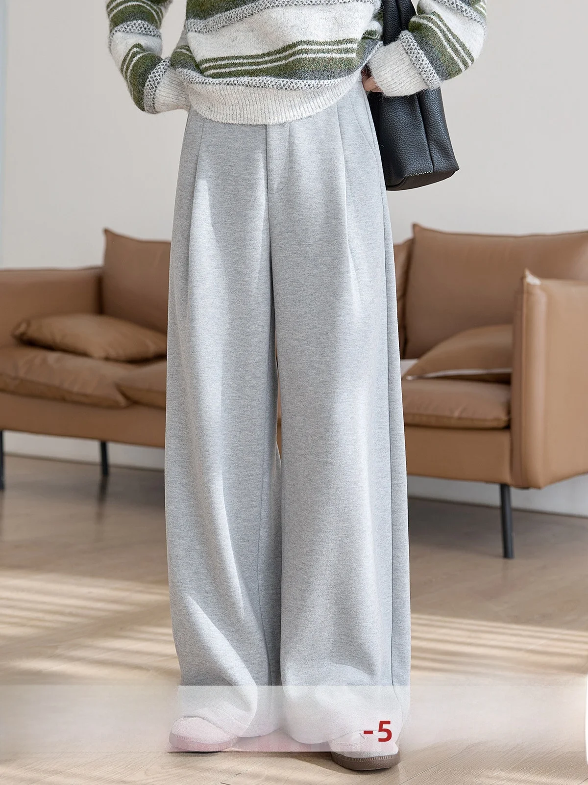 

HuiXi Grey Woolen Casual Pants Women's Loose Straight High Waist Slimming Winter New Style Fashionable Commute Style