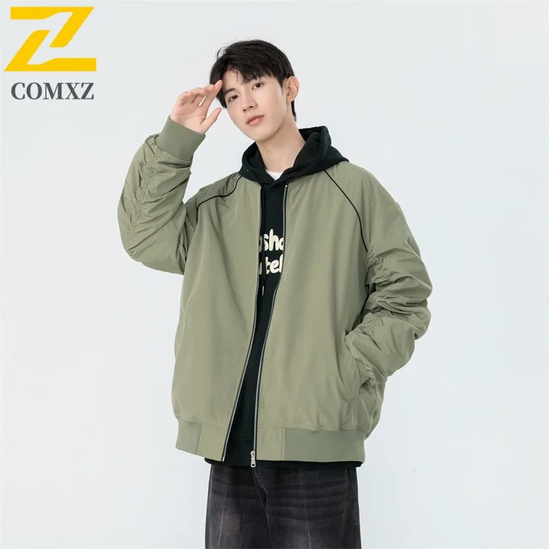 

COMXZ 2025 Men Women Unisex Flight Style Workwear Jacket Spring Autumn Solid Color Plus Size American Vintage Casual Coat