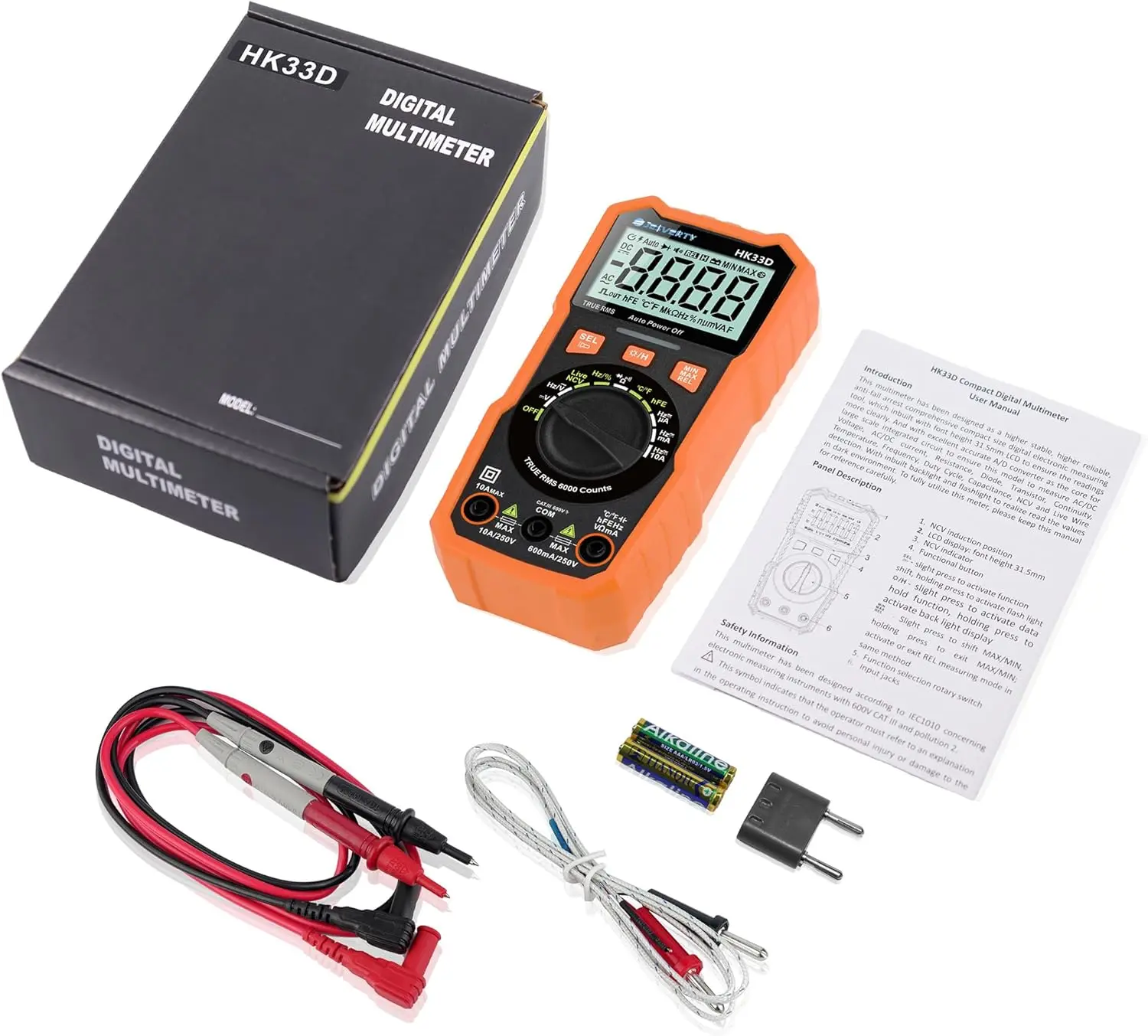 แหล่งจ่ายไฟ DC 0-60V 0-5A ปรับได้ พร้อมมัลติมิเตอร์ดิจิตอล LCD 6000 ค่า สำหรับวัดแรงดันไฟฟ้า AC/DC, กระแสไฟฟ้า, ความต้านทาน, ความจุ