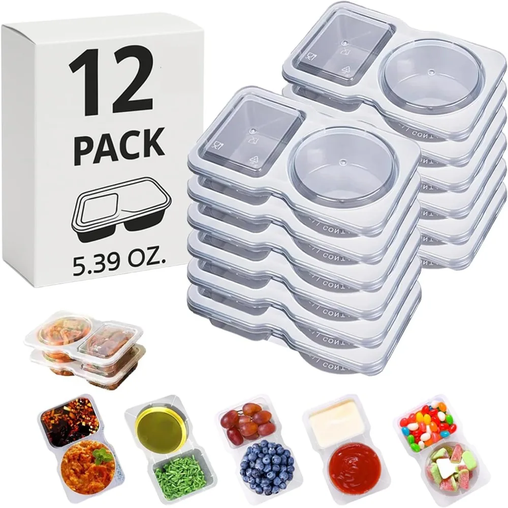 

12 sets of reusable snack boxes, double-layered, leak-proof, BPA-free, with lids, and condiment dispensers.
