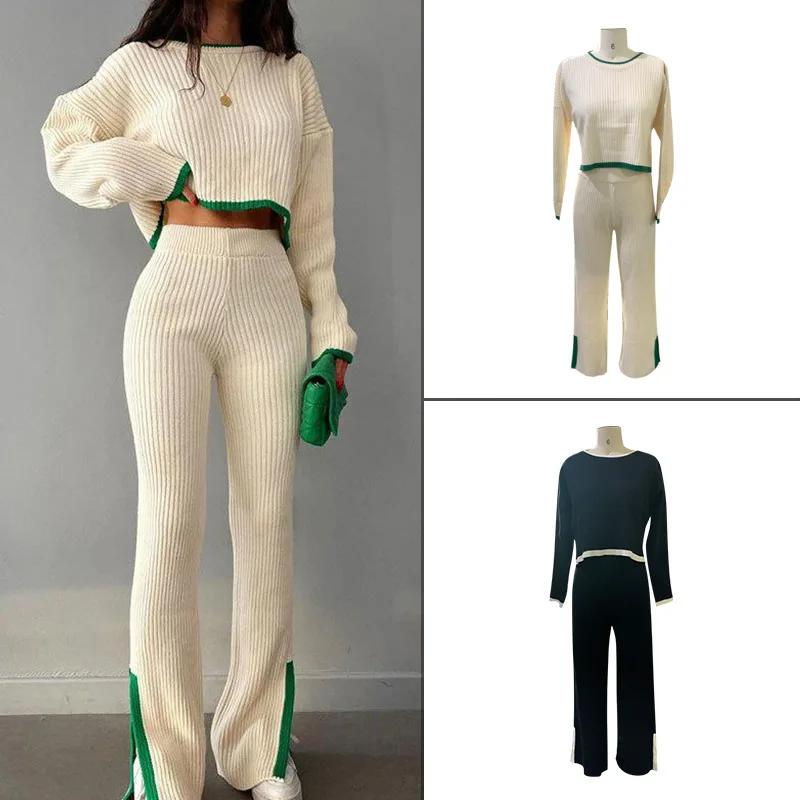 Lazy Style Contrasting Color Set Women's Knitted Sweater Split Elastic Waist Wide Leg Pants Two-piece Set