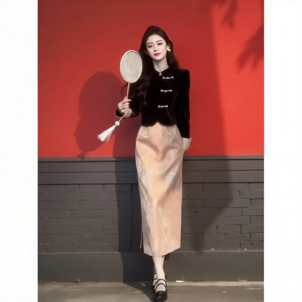 

Женская короткая куртка больших размеров и жаккардовая юбка, комплект с планкой на пуговицах, наклонный стиль, модная осенняя коллекция для полных девочек