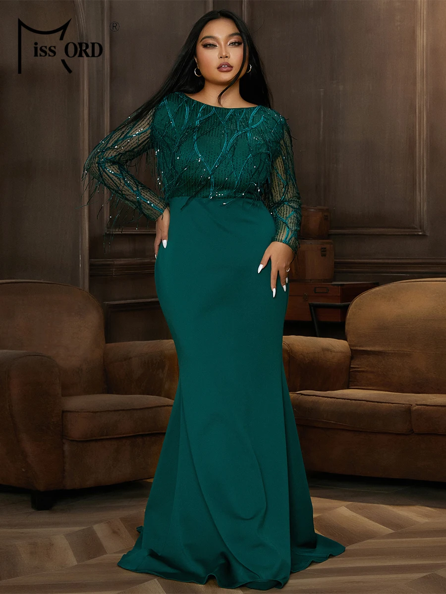 

Missord Plus Size Dress Women Long Sleeve Fringed Sequin Green Evening Dress Mermaid Dress Vestidos