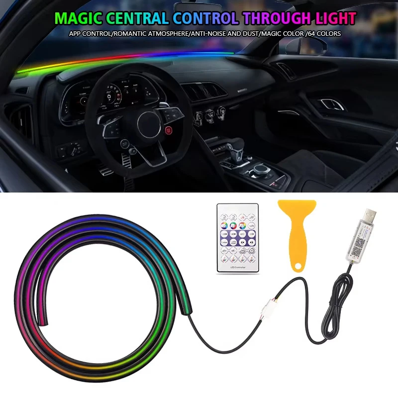 

Окружающее освещение салона автомобиля, динамическое RGB окружающее освещение, полноцветный плавный свет, акриловая полоса для приборной панели автомобиля, декоративный неоновый свет