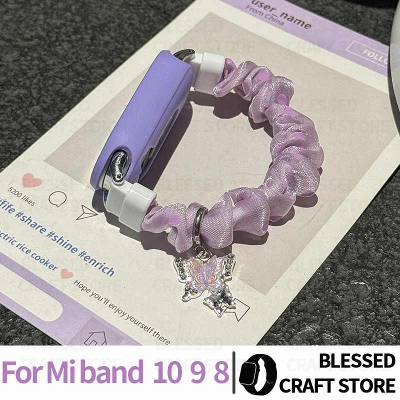 Elegant Scrunchie Watch Band Fit Xiaomi Mi Band 10 9 8 Replacement Wristband Shiny Crystal Butterfly Charm Bracelet for Mi10 NFC