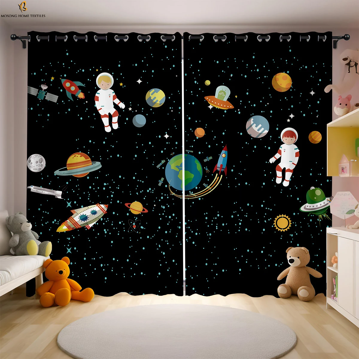 Black And White Cartoon Astronaut Starry Sky Space Print Curtain Bedroom Living Room Children's Room Decorative Curtain 2 Pieces