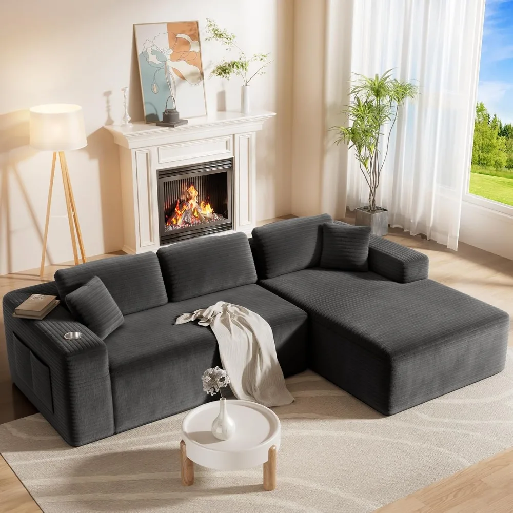 

108” Cloud Sectional Couch, Modern Modular Sectional Sofa with Deep Seat, Corduroy Boneless Couches with Chaise, L-Shaped Sofa