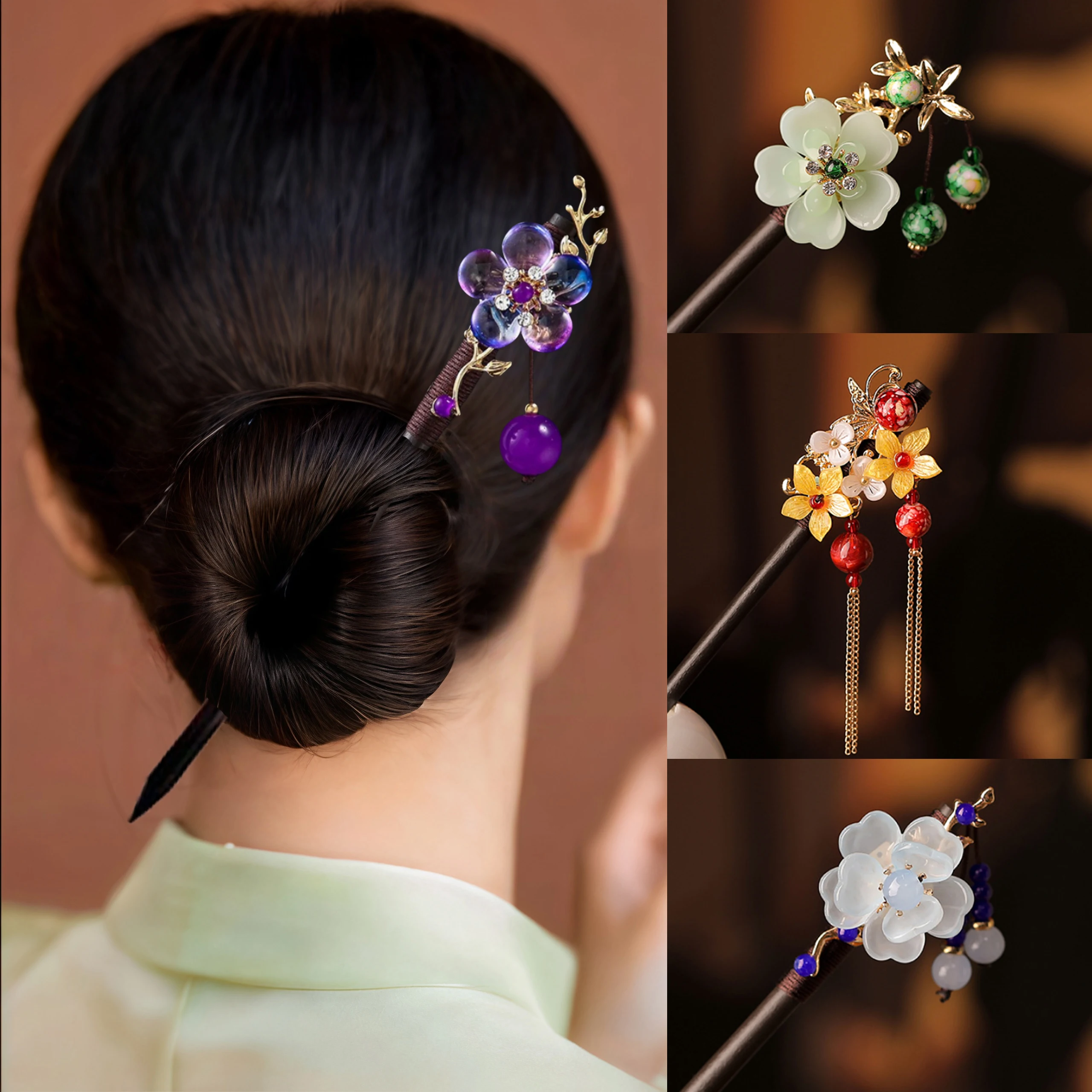 

Flower Tassel Wooden Hairpin Retro Chinese Style Handmade Floral Hair Stick Vintage Girls Women Hanfu Hair Styling Accessories