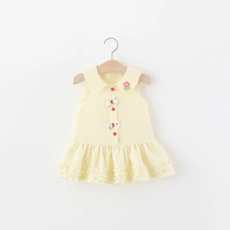 

2026New summer style solid color dress with two bows and lace hem Girls' Floral Collar Princess Dress