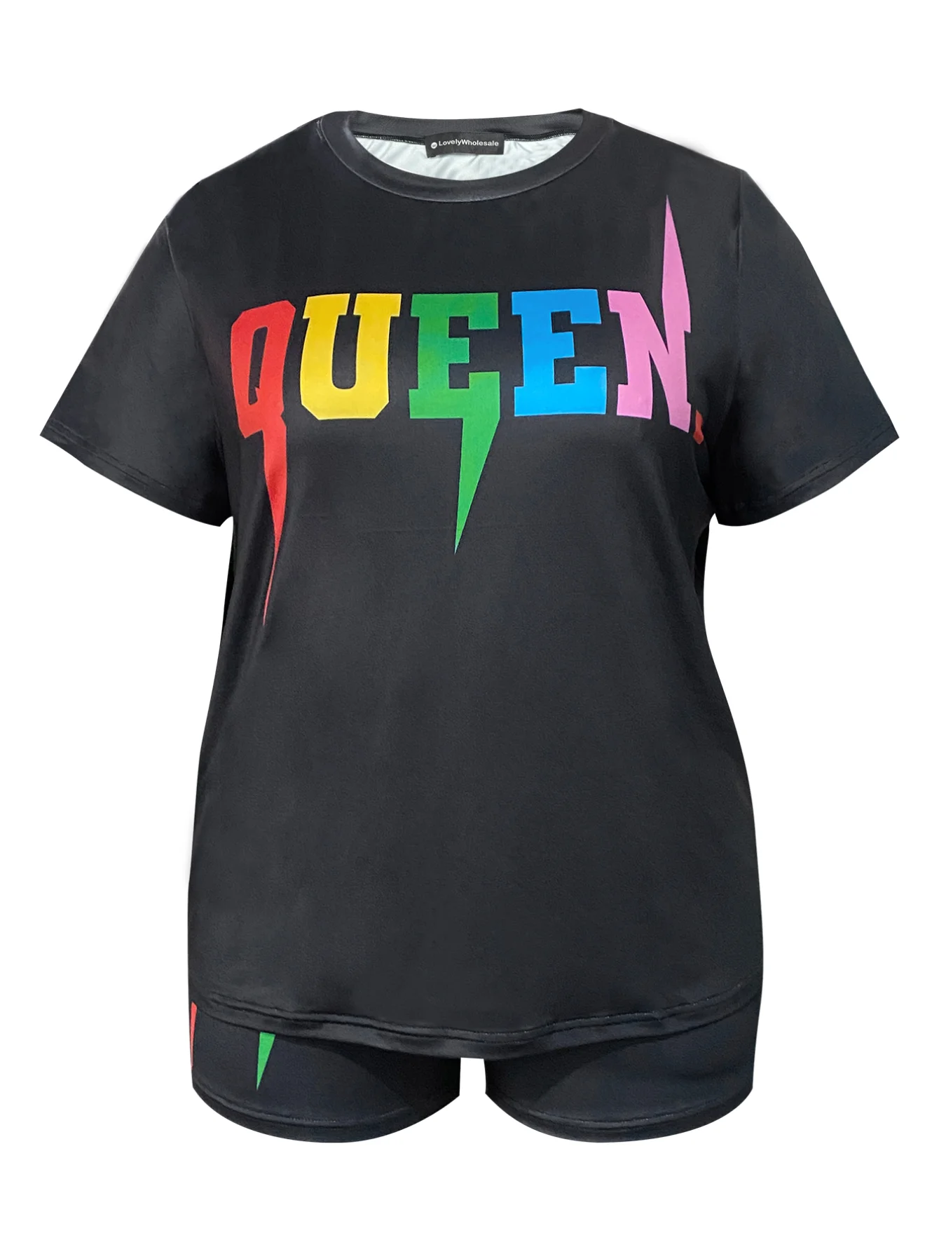 4XL 5XL LW Plus Size Queen Letter Print Zestaw szortów Letnie damskie koszulki z okrągłym dekoltem i szorty z nadrukiem bez kieszeni