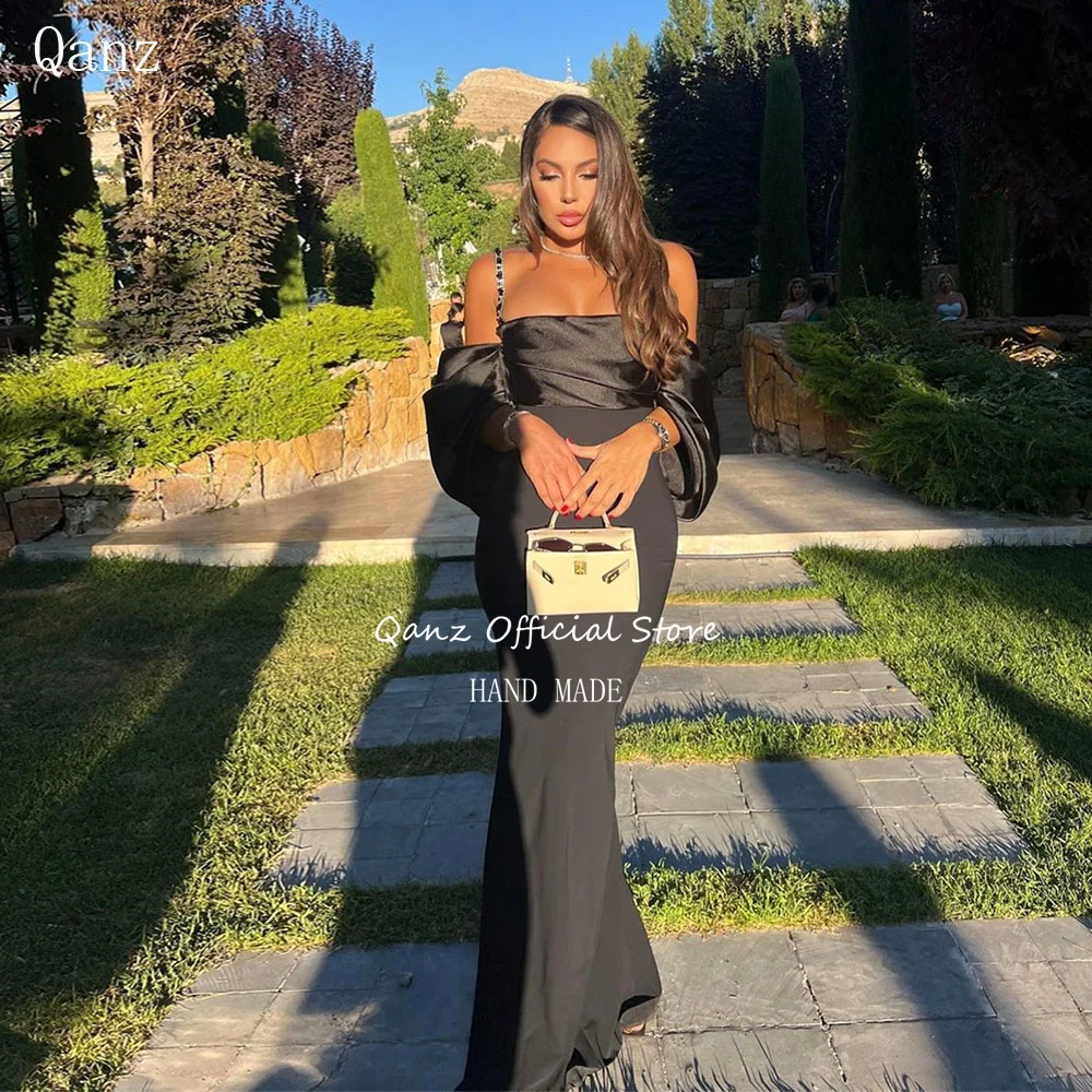 

Qanz Dubai Black Satin Evening Dresses Mermaid Vestidos De Fiesta Spaghetti Straps Bespoke Occasion Dresses Customized