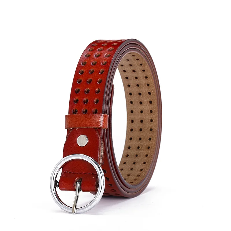 

Red Waist Belts Women Hollow Out Real Leather Belts for Women Round Buckle Brand Female Trousers Belt for Jeans Fashion