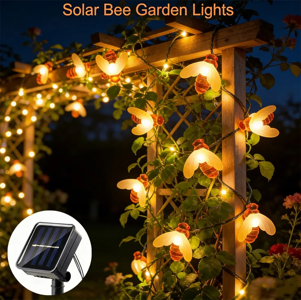 100/50/20LEDs Solar Bee String Lamp Outdoor Fairy Light Tree Chritmas Garland Lamp 8 Modes for Patio Garden Party Wedding Decor