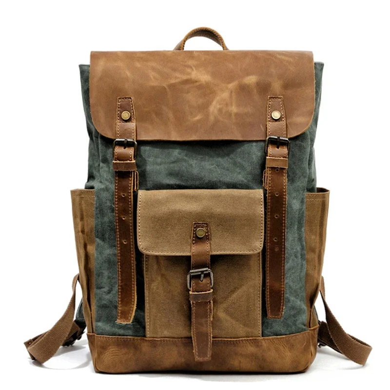 Vintage and Contrast Color Oil Wax Waterproof Travel Backpack Canvas Bag Backpack Computer Bag Large Capacity Backpack