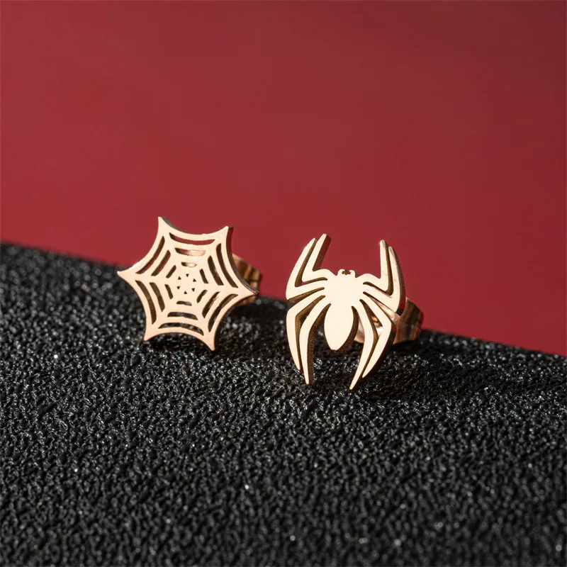 Punk Men Women Spider Spider Web Stud Earrings Stainless Steel Piercing Halloween Jewelry