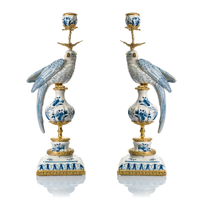 Parrot Porcelain Bronze Ormolu Candlesticks Candle Holders Pair Blue White 18.5”H Brass Ceramic Bracket Parrot Candle Holder
