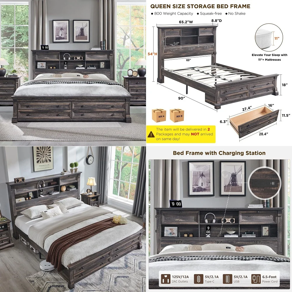 

Queen Size Bed Frame with 54 Tall Headboard, Headboard with 4 Storage Rack, 2 Drawers, 18 Roman Column Decoration Footboard, Wo