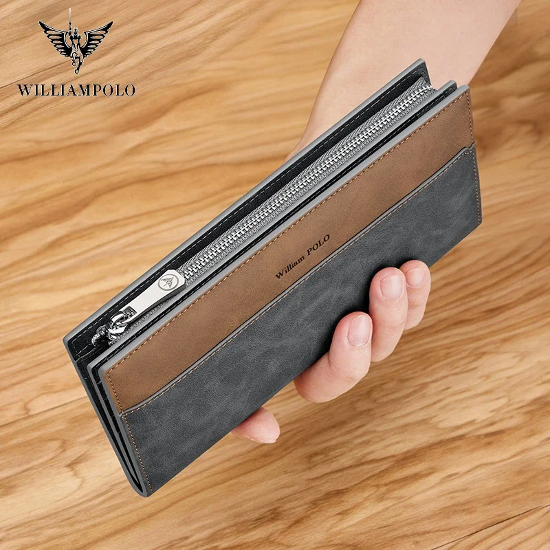 WILLIAMPOLO Men Wallets Long Style High Quality 44 card slots Male Purse Zipper Large Capacity Genuine Leather Wallet For Men