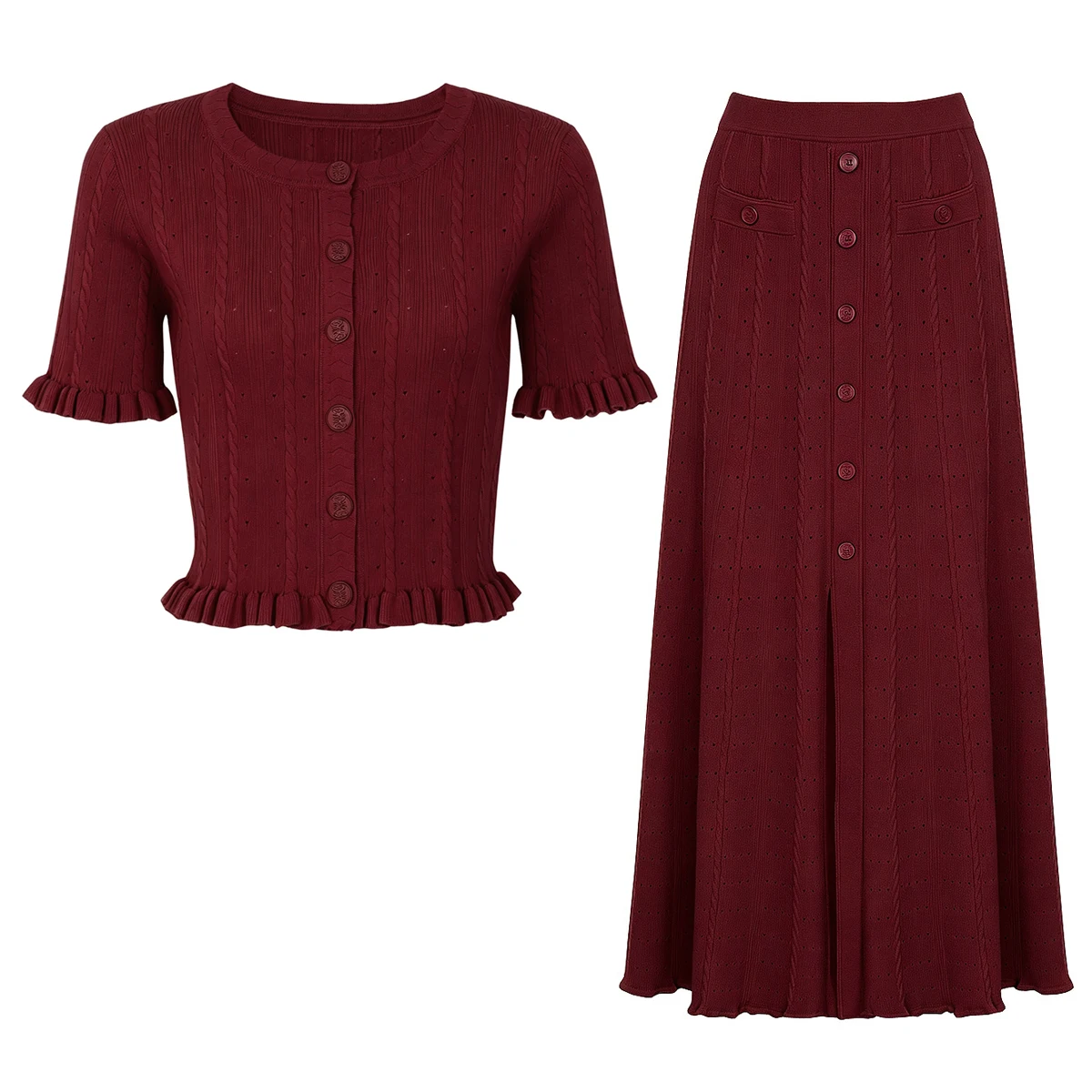 26184 High Quality Summer Women Commuter Knit Round Neck Short Sleeve Cardigan Skirt Two Piece Daily Ladies Outfit