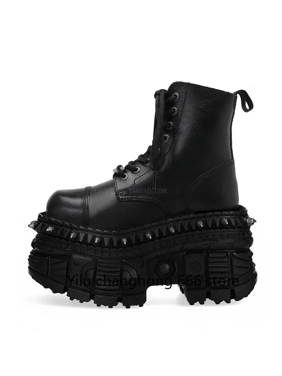 

Black Punk Metal Rivet Motorcycle Boots 2025 New Rock Street Thick Sole Round Short Boot 35-45 Fashion Casual Sports Shoe