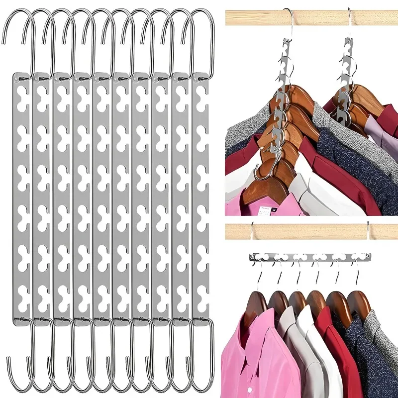 6/10 Hole Stainless Steel Clothes Hanger Metal Cloth Closet Hanging Chain Space Saving Wardrobe Organizer Rack for Shirt Storage