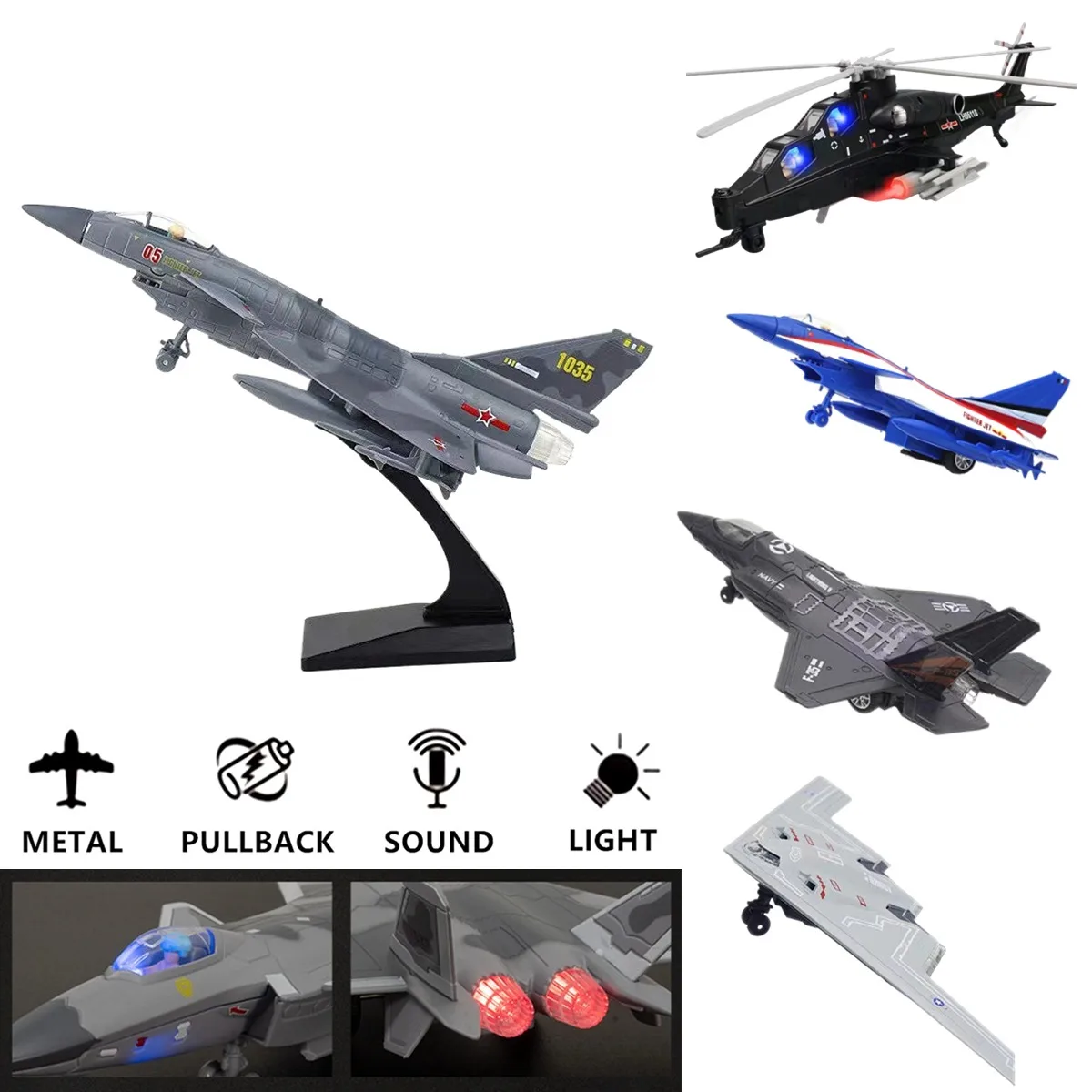 

1:50 Pullback & Go Jet Fighter Aircraft Rafale F22 F35 B2 J10, with Light Sound, Scale Diecast Plane Model Kid Boy Baby Gift Toy