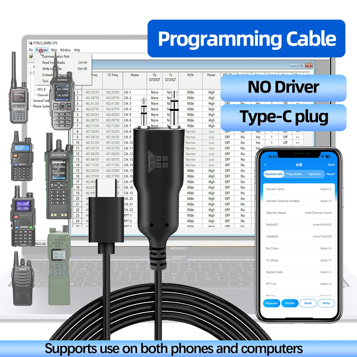 ABBREE-Cable de programación de aplicaciones de teléfono móvil, programación de alta velocidad para Baofeng UV-5R MINI UV-21 PRO UV-32 AR-152 PRO Walkie Talkie