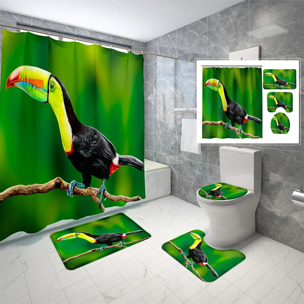 

Shower Curtain Set Forest flower and bird Scenery Bathroom set non-slip carpet Toilet seat mat Shower Curtain Bathtub Partition