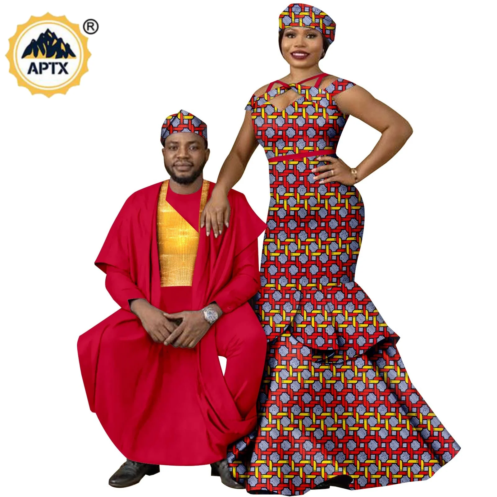 

African Long Dresses for Women Hat Matching Couple Clothes Dashiki Agbada Men Outfits Robe Top and Pants Muslim Sets Y23C031