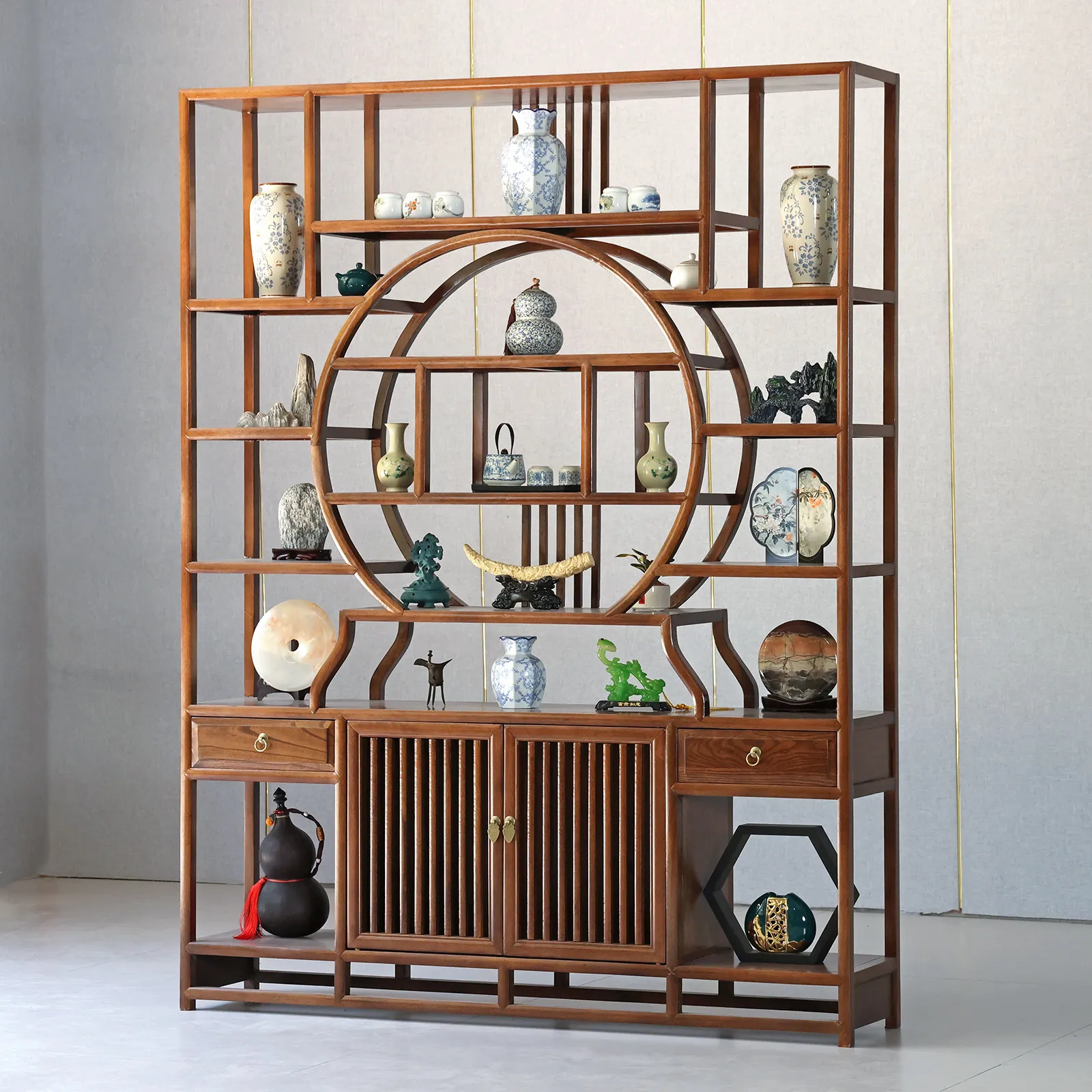 For South Elm Wood Curio Shelving, New Chinese Style Display Rack for Teaware & Antiques, Living Room Storage