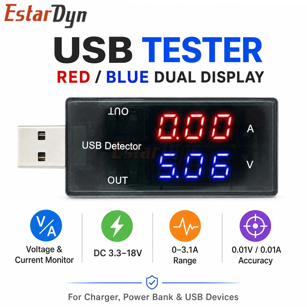 Estardyn USB Voltage Current Meter Tester Dual Display USB-A Male Female for Fast Charging Test Power Bank Check