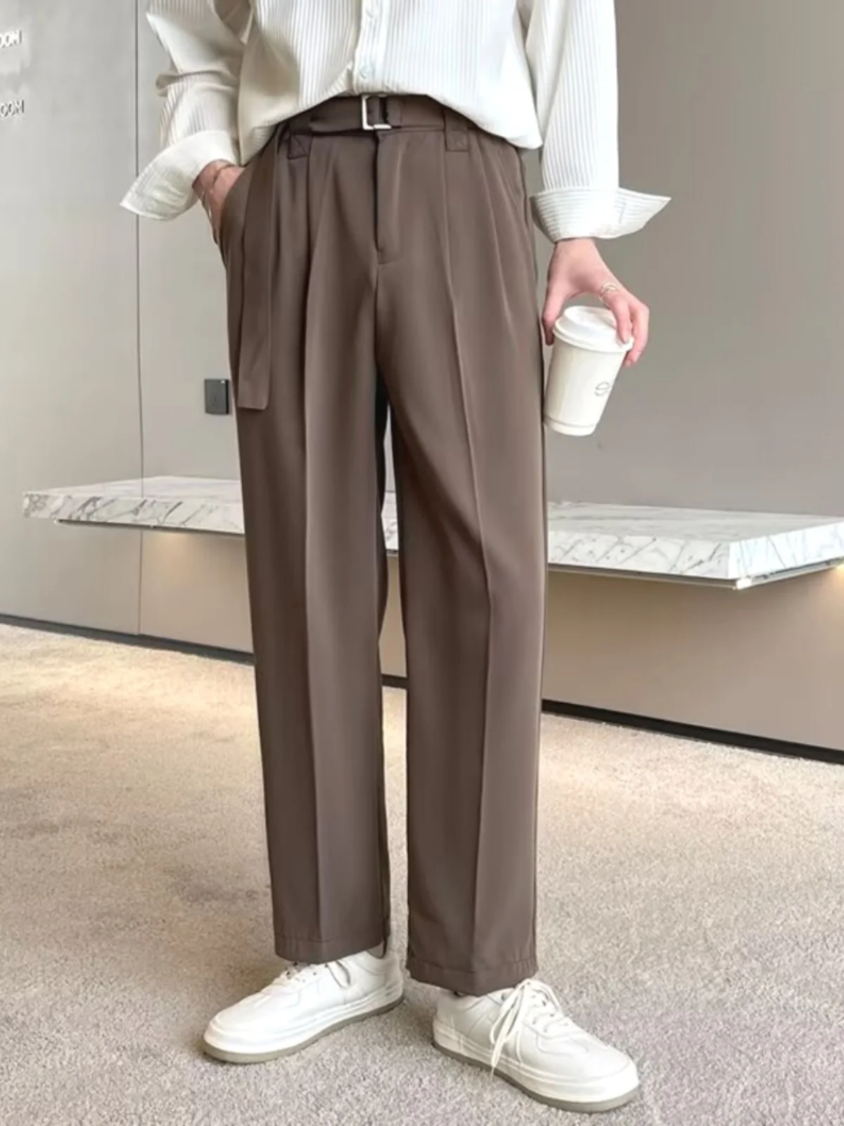 

Итальянские неаполитанские брюки-чинос для мужчин, свободные, прямого кроя, коричневые, с пуговицами, повседневные, молодежные, летние, для отдыха