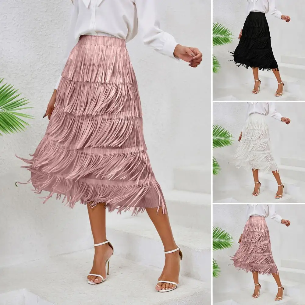 Women Midi Skirt Elastic Waist A-Line Fringed Mid-Length Skirt Solid Color Leisure Beach Travel Skirt Daily Wear Женское Платье