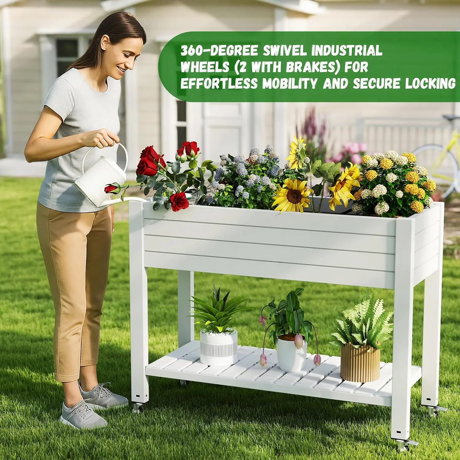 Backyard, Patio, Balcony Use, Resin, Ashen Color, Elevated with Wheels and Storage Shelf